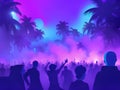 party and event concept with crowd of people and silhouettes of people on the beach. colorful neon illustration Royalty Free Stock Photo