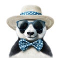 Party fancy panda with butterfly tie wearing summer hat and stylish sunglasses isolated over white background. Created with