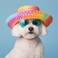 Party fancy white bichon dog wearing colorful rainbow summer hat and stylish sunglasses isolated over blue background. Created