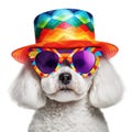 Party fancy white bichon dog wearing colorful rainbow summer hat and stylish sunglasses isolated over white background. Created