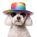 Party fancy white bichon dog wearing colorful rainbow summer hat and stylish sunglasses isolated over white background. Created