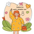 Party flyer, banner or template with young girl for International Women s Day celebration. Girl with shopping bags. Big Royalty Free Stock Photo