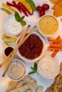 Party food - dips, crudites and bread sticks Royalty Free Stock Photo