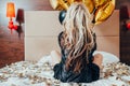 Party free alone female bed confetti balloons Royalty Free Stock Photo