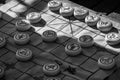 Party game, Chinese chess Xiangqi, round blocks on the board Royalty Free Stock Photo