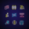 Party games neon light icons set