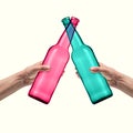 Contemporary art collage of two bottles of beer clinking isolated over pastel background Royalty Free Stock Photo