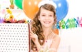 Party girl with balloons and gift box Royalty Free Stock Photo