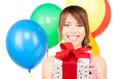 Party girl with balloons and gift box Royalty Free Stock Photo