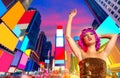 Party girl pink wig dancing in Times Square of NYC Royalty Free Stock Photo