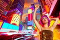 Party girl pink wig dancing in Times Square of NYC Royalty Free Stock Photo