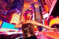 Party girl pink wig dancing in Times Square of NYC Royalty Free Stock Photo