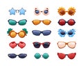 Party glasses. Cartoon funny fashion sunglasses with reflections. Round colorful summer spectacles. Different shapes Royalty Free Stock Photo