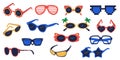 Party glasses. Funny sunglasses hippy groovy psychedelic retro style, cartoon geometric fashion eyewear icons different