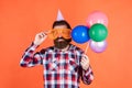 party goer. happy birthday to you. male holiday celebration. bearded guy with party balloons. unshaven brutal man with