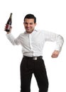 Party goer with wine bottle celebrating