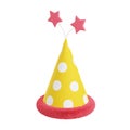 Party hat 3d illustration. Yellow paper cone with dots, pink decoration and stars for birthday or holiday celebration