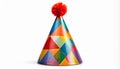 Multi- Colored Geometric Party Hat with Orange Pom on White birthday celebration Royalty Free Stock Photo