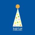 Party hat with polka dots isolated on a blue background, with text PARTAY