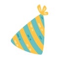 Party hat with stripes. Accessory symbol of the birthday. Holiday cap. Vector objects isolated on white background. Royalty Free Stock Photo