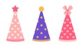 Party hat vector icon collection. Colorful caps for birthday, festival, carnival, holiday. Cones with stars, hearts, polka dots. Royalty Free Stock Photo