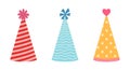 Party hat vector icon set. Colorful caps for birthday, festival, carnival. Cones with stripes, waves, stars. Accessories for Royalty Free Stock Photo