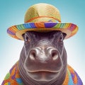 Party hippo wearing colorful rainbow summer hat isolated over blue white background. Created with generative Ai