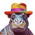 Party hippo wearing colorful rainbow summer hat isolated over white background. Created with generative Ai