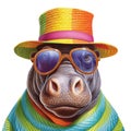 Party hippo wearing colorful rainbow summer hat and sunglasses isolated over white background. Created with generative Ai