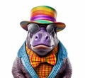 Party hippo wearing colorful rainbow summer hat and sunglasses isolated over white background. Created with generative Ai