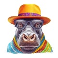Party hippo wearing colorful summer hat and glasses isolated over white background. Created with generative Ai
