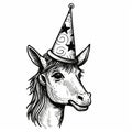 Cricket Unicorn With Star Hat: Detailed Black And White Illustration