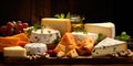 Party hors d'oeuvre platter assorted cheeses and fruits from above. Generative AI