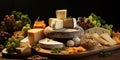 Party hors d'oeuvre platter assorted cheeses and fruits from above. Generative AI