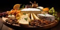 Party hors d'oeuvre platter assorted cheeses and fruits from above. Generative AI