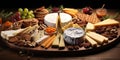 Party hors d'oeuvre platter assorted cheeses and fruits from above. Generative AI