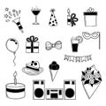 Party icons. Events birthday celebrating symbols sweets hat salute cakes drinks vector doodle collection Royalty Free Stock Photo