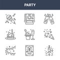 9 party icons pack. trendy party icons on white background. thin outline line icons such as man, confetti, polaroid . party icon Royalty Free Stock Photo