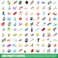 100 party icons set, isometric 3d style Royalty Free Stock Photo