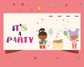 Party invitation with baby dolls, cupcake. It`s a party note