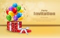 Party invitation card with gifts and balloons Vector. celebrate events banner posters