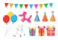 Party items set pack with balloons, gifts, boxes, flags, streamers, and hats.