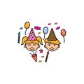 party kid Birthday icon logo design template, party blowouts, party hats, gift boxes and bows, garlands and balloons and firework Royalty Free Stock Photo