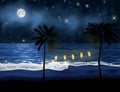 Party light hanging on the palm trees in front of the sea. Beautiful night picture of the seashore under the moon and Royalty Free Stock Photo