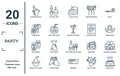 party linear icon set. includes thin line chapaigne bottle in bucket, celebration, big speaker, wizard hat on head, sweet cake,