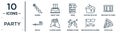 party linear icon set. includes thin line skewer, jenga, birthday pictures, claping hands, mustache with glasses, pizza slice, Royalty Free Stock Photo