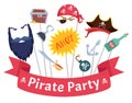 Party mask. Pirate hats beard hairs hook bandanas mascarade costumes vector collection