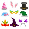 Party and masquerade head decor set, hat, mask, ears for holiday celebration vector Illustrations on a white background