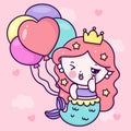 Party Mermaid princess cartoon holding magic birthday balloon kawaii fish animal