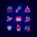 Party neon icon collection. Happy Birthday item. Glowing effect banner. Holiday celebration design. Vector illustration Royalty Free Stock Photo